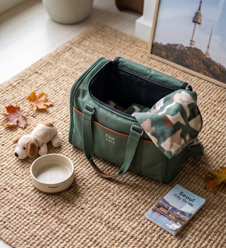 This Scandinavian-style travel dog carrier set