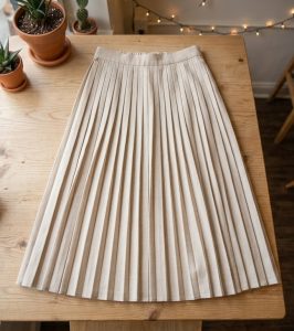 Cozy Beige Pleated A-Line Midi Skirt (Size S / M)