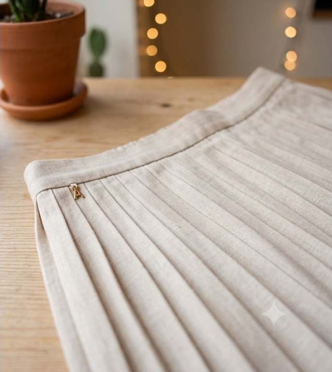 Cozy Beige Pleated A-Line Midi Skirt (Size S / M)